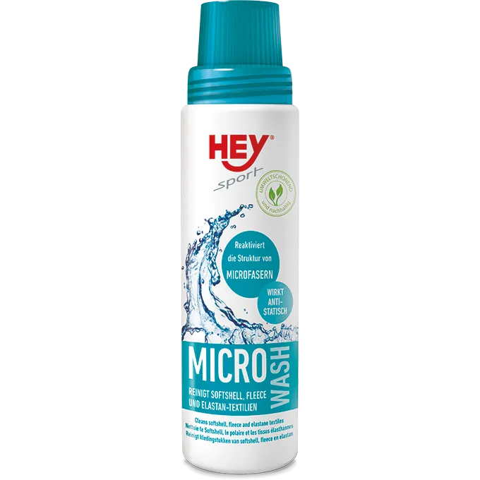 Weiße Flasche Micro Wash für Textilien aus Microfaser und Fleece mit blauem Deckel. Wasser-Effekt und Label mit Text.