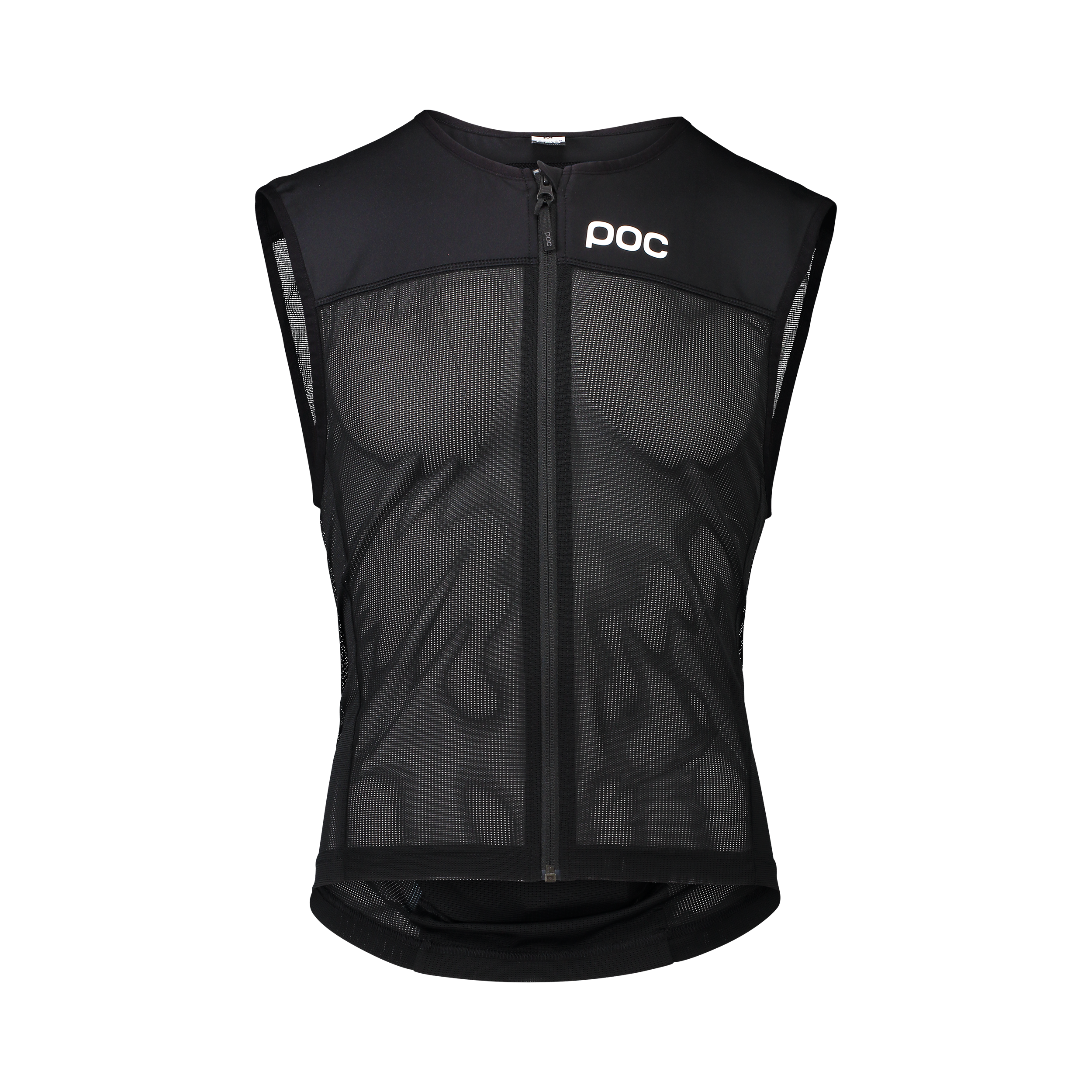 Schwarze Spine VPD Air Vest mit Reißverschluss und POC Logo. Das Material ist netzartig und atmungsaktiv.