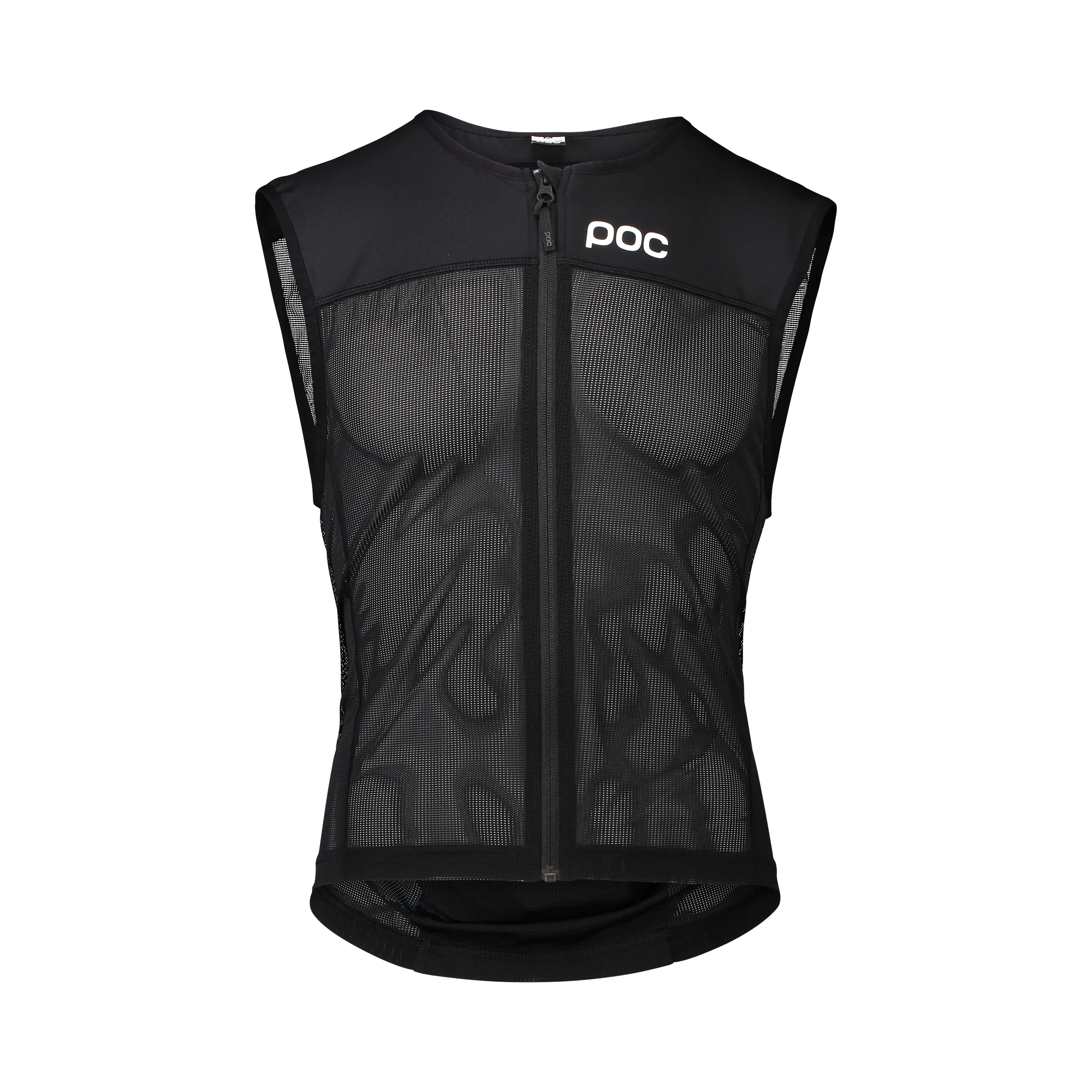Schwarze Spine VPD Air Vest mit Reißverschluss und POC Logo. Das Material ist netzartig und atmungsaktiv.