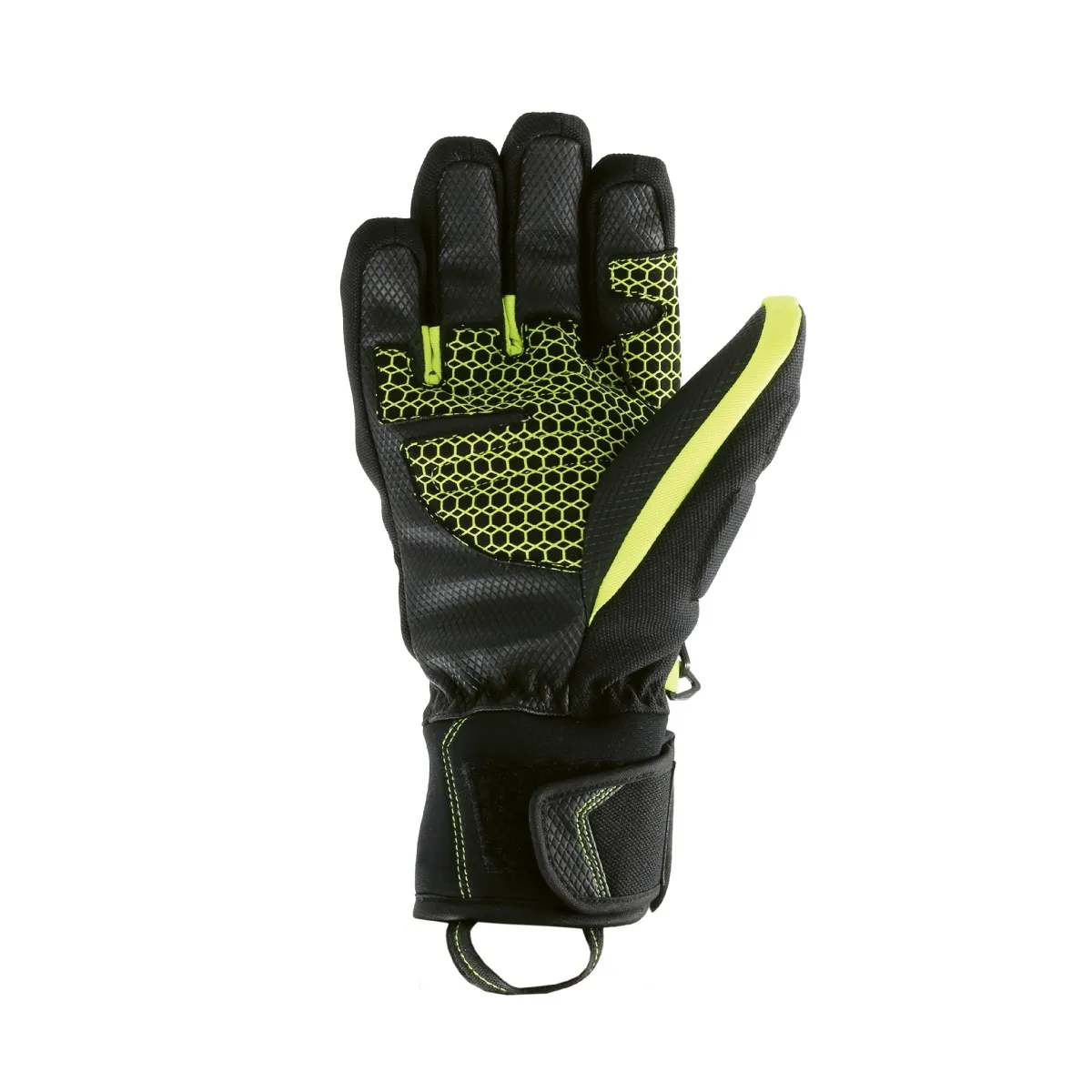 Eine schwarze Handschuhe mit neon-gelben Akzenten, die nach oben zeigt und die Handfläche präsentiert.