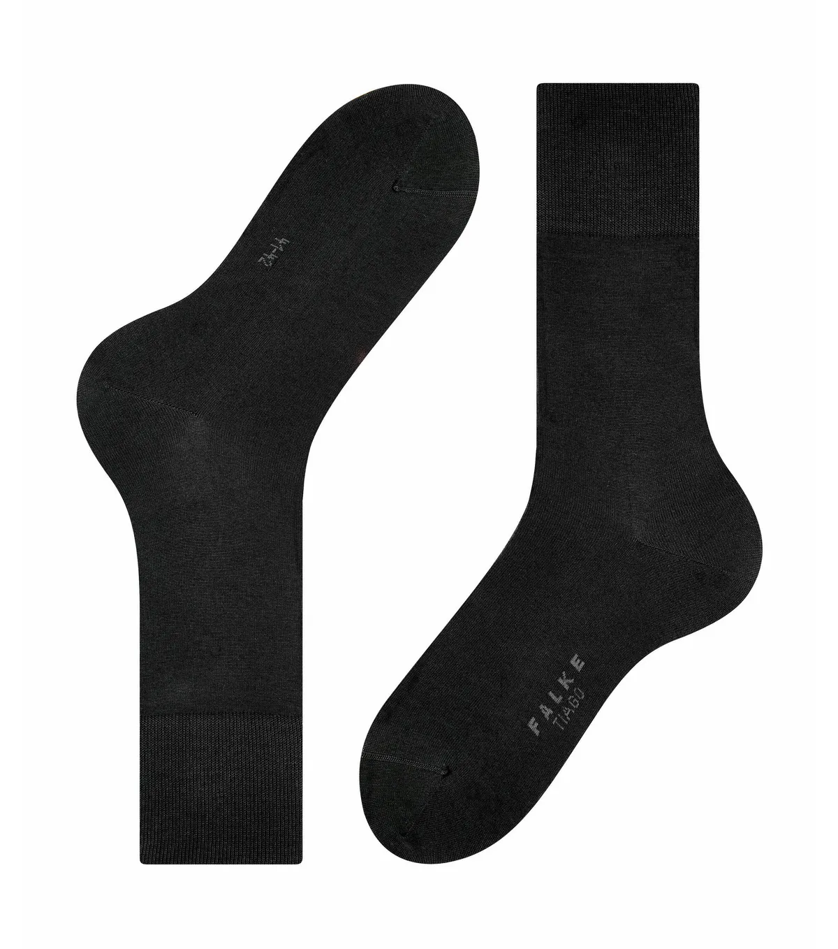 Zwei schwarze Tiago Herren Socken von Falke, eines liegend und eines stehend.