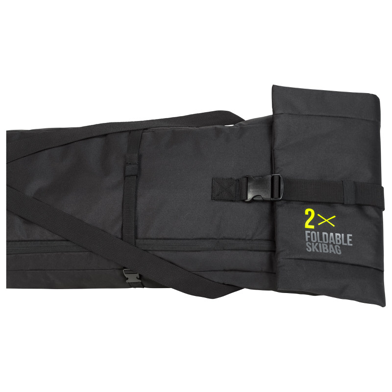 Schwarze Head Double Skibag mit Schultergurt und gelbem "2x Foldable Skibag" Aufdruck.