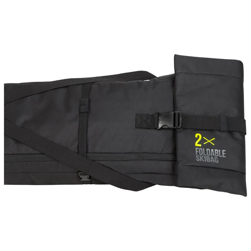 Schwarze Head Double Skibag mit Schultergurt und gelbem "2x Foldable Skibag" Aufdruck.