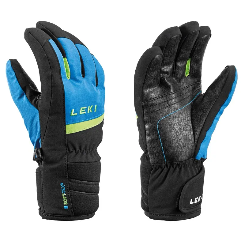Zwei Leki Max Junior Handschuhe in Schwarz, Blau, Grün. Ein Handschuh zeigt die Handfläche, der andere die Oberseite.