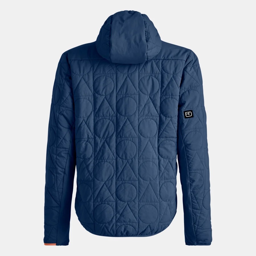 Dunkelblaue Steppjacke hinten Dunkelblaue Steppjacke mit Kapuze, gesteppt in Dreiecken und Kreisen, von hinten.