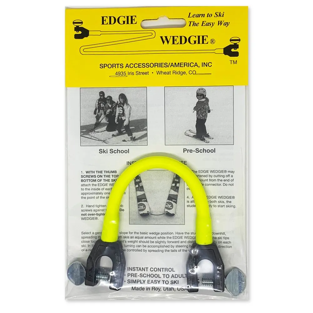 Verpackter gelber Edgie Wedgie Original, ein Skitrainer für Kinder, mit Anleitungsbildern für Skischule und Vorschule.