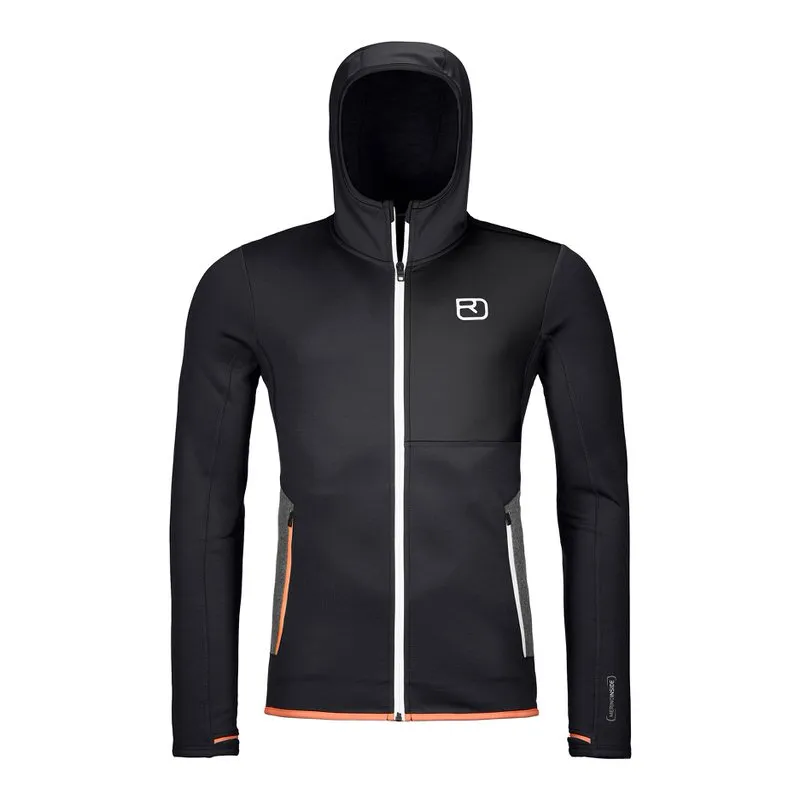 Schwarzer Ortovox Fleece Hoody mit Kapuze, durchgehendem Reißverschluss und seitlichen Taschen. Das Logo ist links auf der Brust.