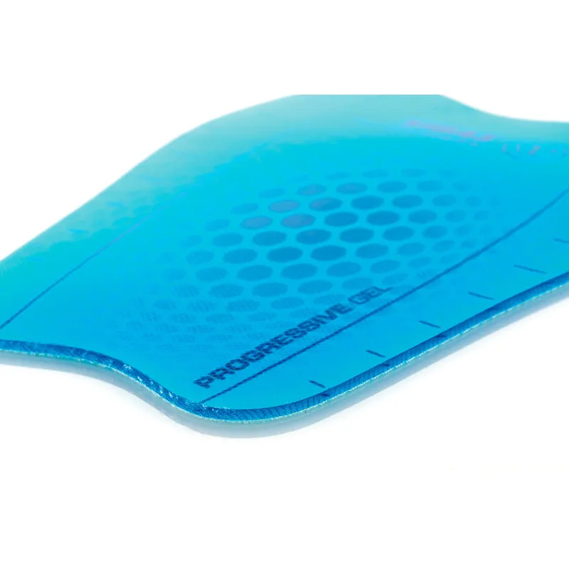 Blaues Shin Gel Pad mit Wabenmuster und Aufschrift "PROGRESSIVE GEL" auf einem weißen Hintergrund.