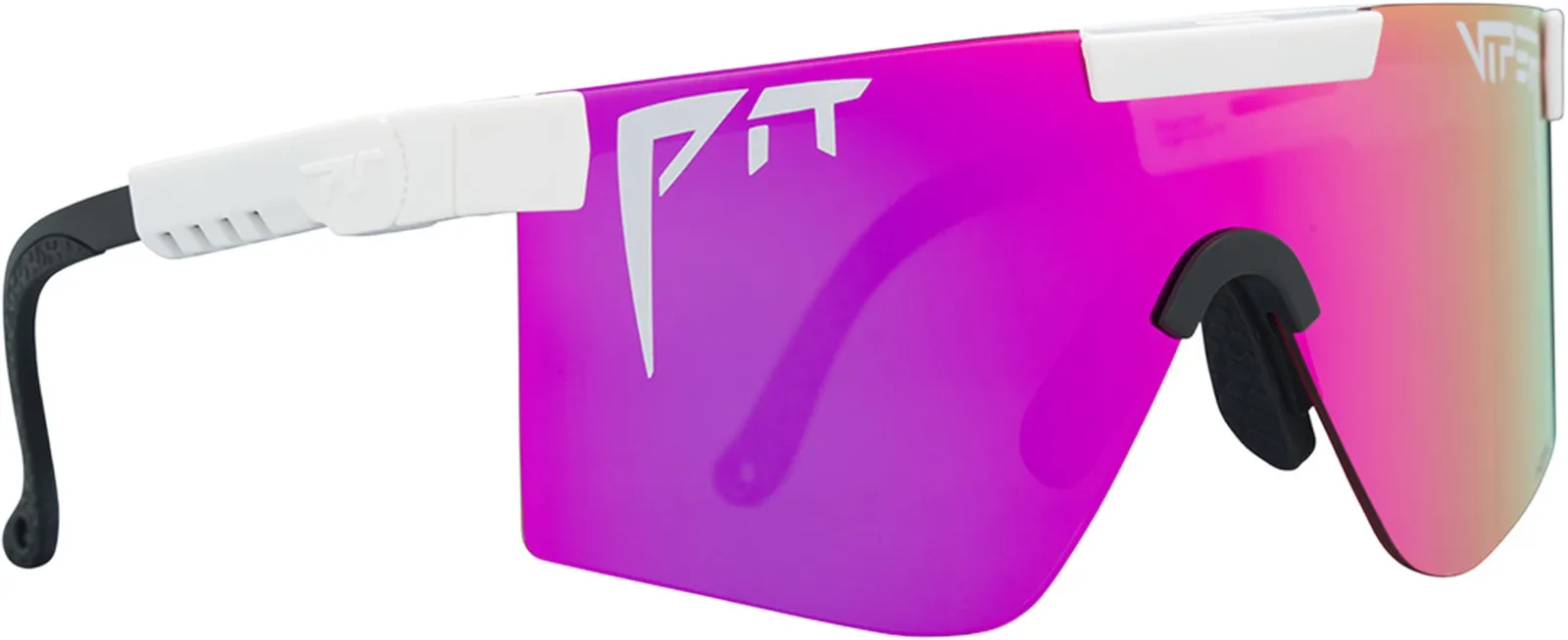 Pink-lila polarisierte Pit Viper Sonnenbrille mit weißen Bügeln und schwarzem Ohrstück.