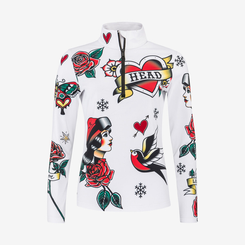 Weißer Rebels Flash Midlayer für Damen mit bunten Tattoo-Grafiken und halbem Reißverschluss.