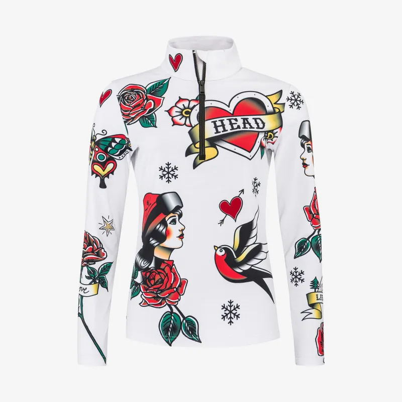 Weißer Rebels Flash Midlayer für Damen mit bunten Tattoo-Grafiken und halbem Reißverschluss.