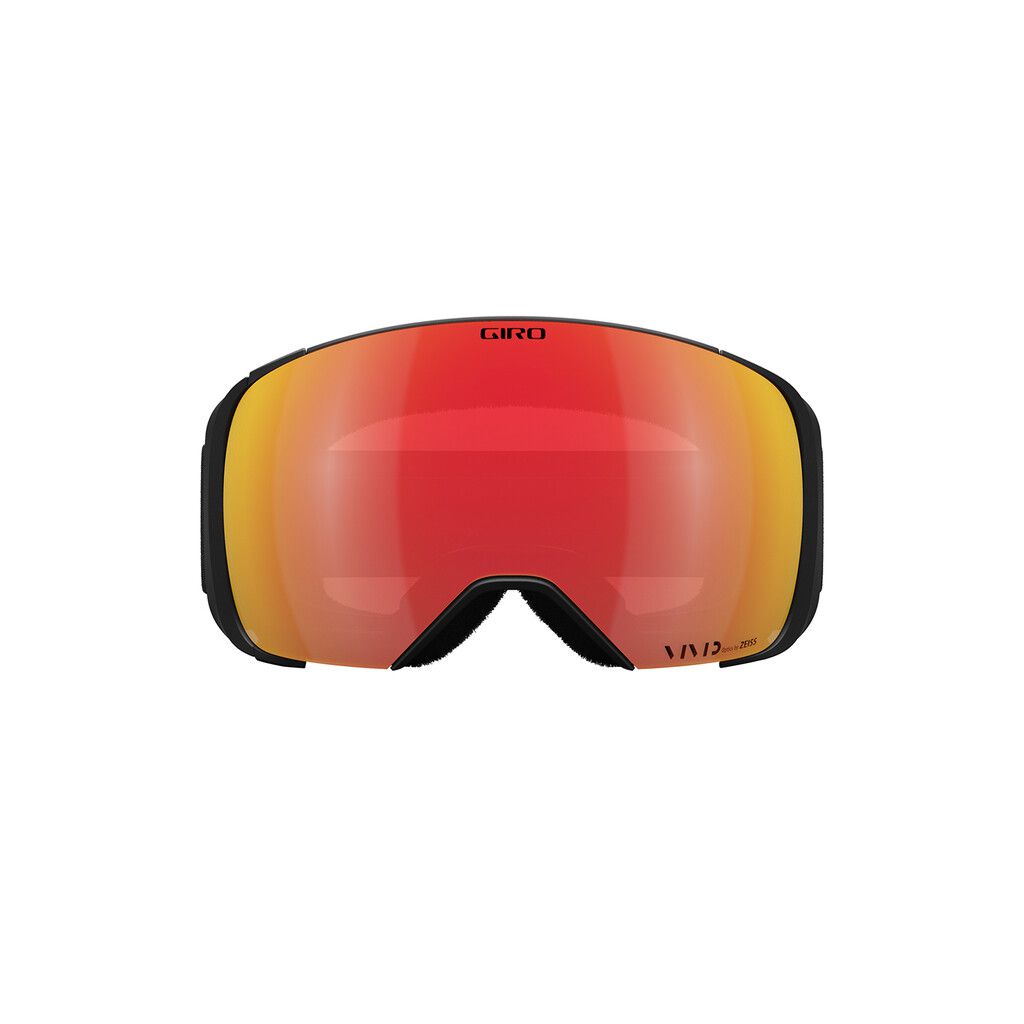 Frontale Ansicht der Giro Comp Vivid Goggle in Schwarz-Weiß mit roter Vivid Ember Zeiss Scheibe.