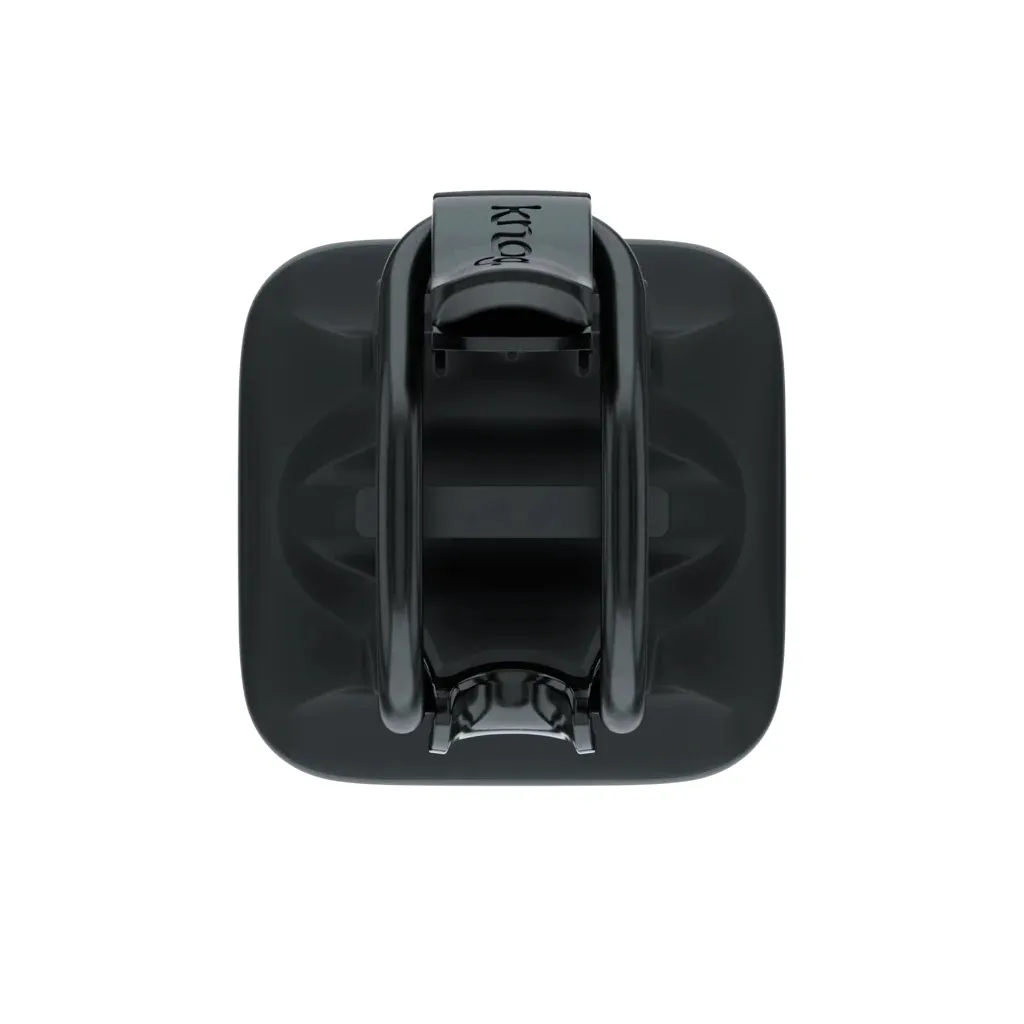 Draufsicht: Schwarze Knog Blinder Fahrradlampe, Befestigung mit Logo.