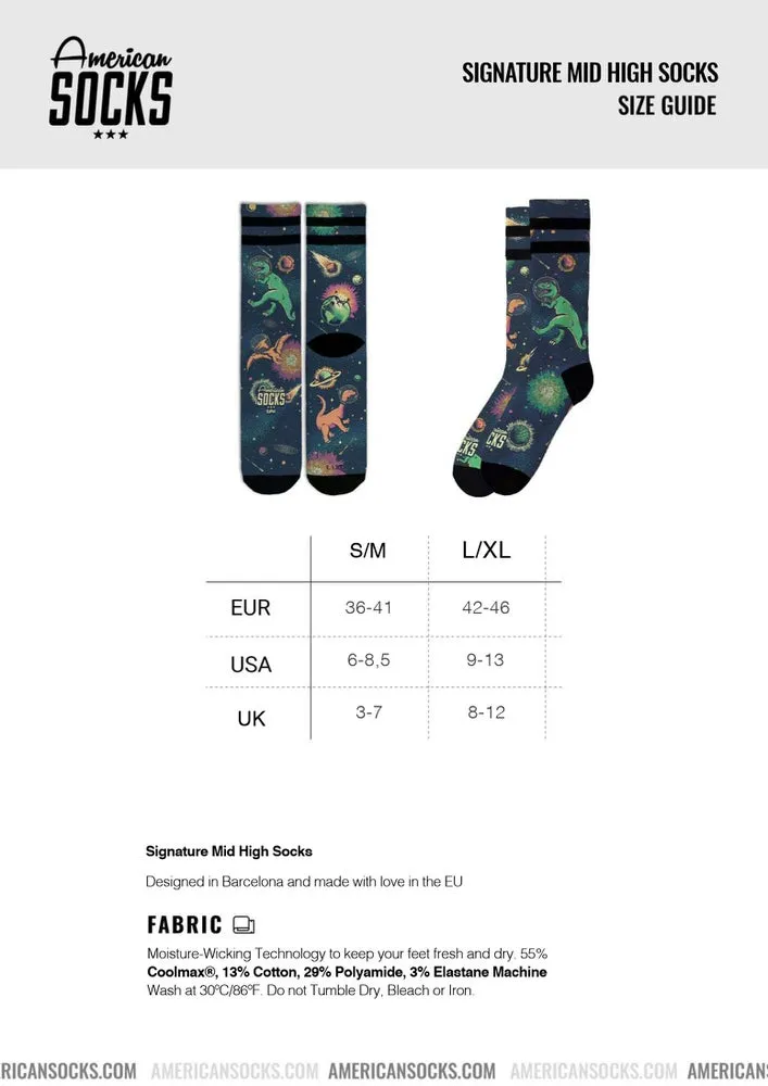 Größentabelle für Seamonsters Mid High Socken mit Dinosaurier- und Planeten-Motiven.