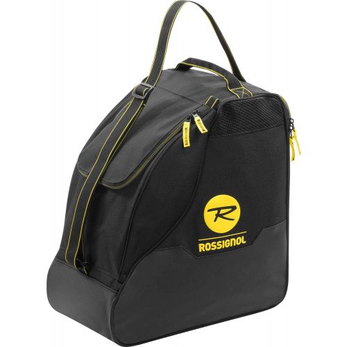Schwarze Rossignol Soul Boot Bag mit gelben Akzenten, Tragegriffen und Logo.