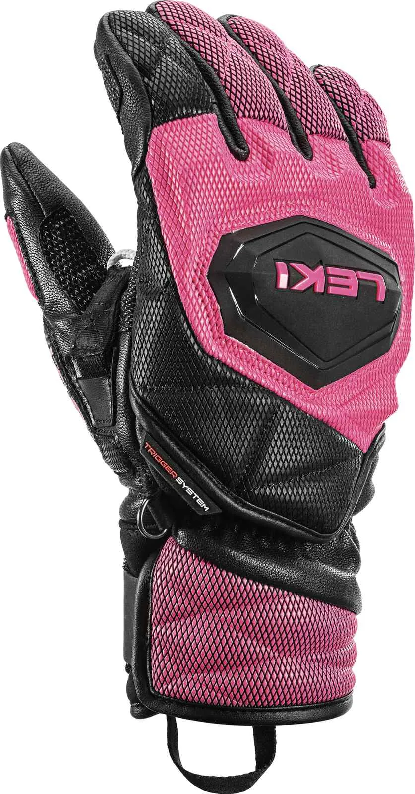 Nahaufnahme eines Leki WCR Venom 3D Junior Rennhandschuhs in Schwarz und Pink. Die Handfläche zeigt nach vorne.