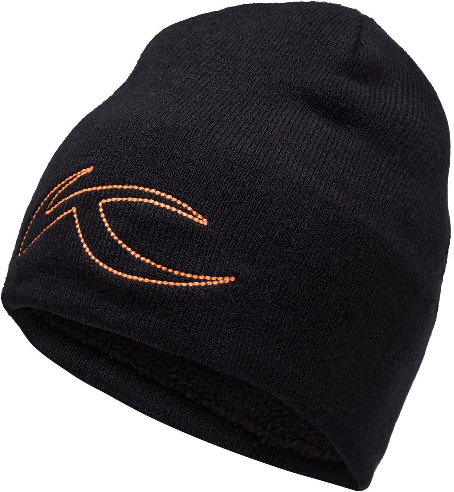 Schwarze, gestrickte Mütze mit einem orangefarbenen, geschwungenen Logo an der Seite.