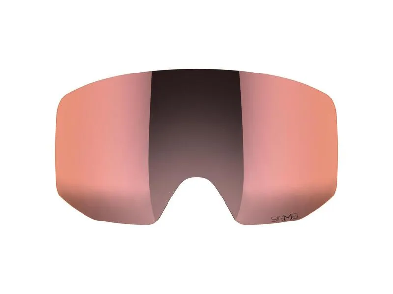 Skibrille mit einer verspiegelten, rosafarbenen Linse und dunklem Zentrum, auf weißem Hintergrund.