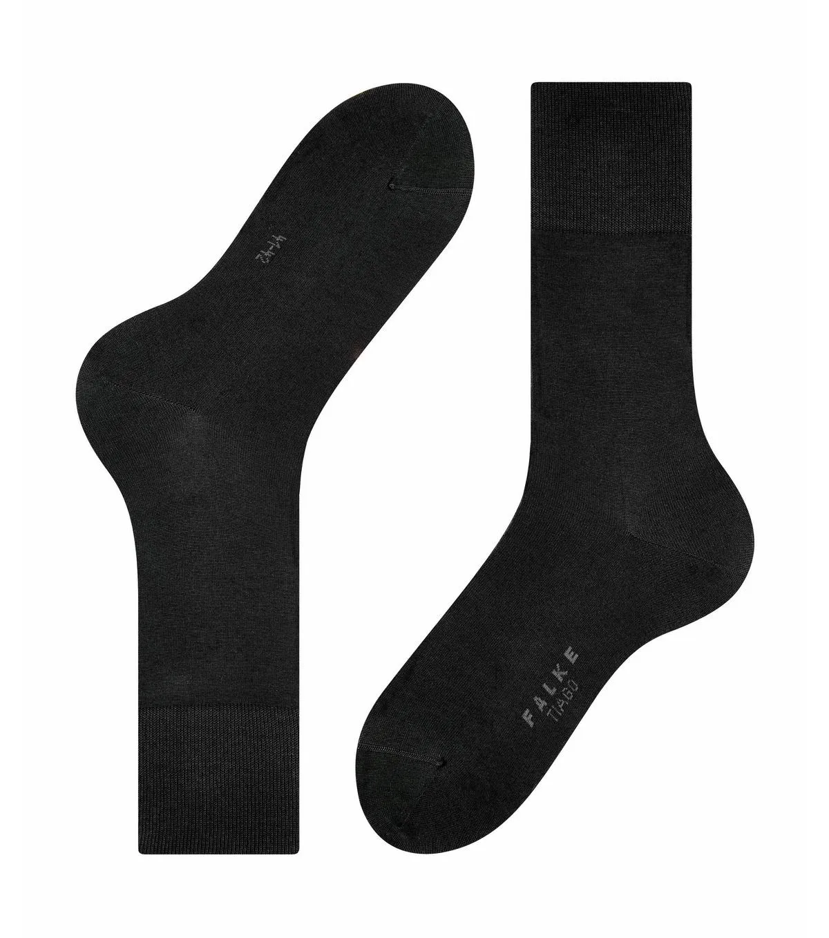 Zwei schwarze Tiago Herren Socken von Falke, eines liegend und eines stehend.