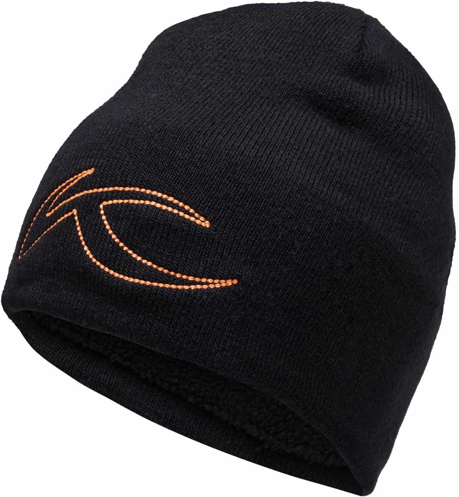 Schwarze, gestrickte Mütze mit einem orangefarbenen, geschwungenen Logo an der Seite.