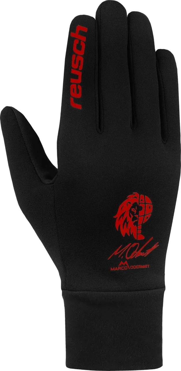 Schwarzer Reusch Fleece Handschuh mit rotem Logo, Löwenkopf, Unterschrift und "Marco Odermatt" Schriftzug.