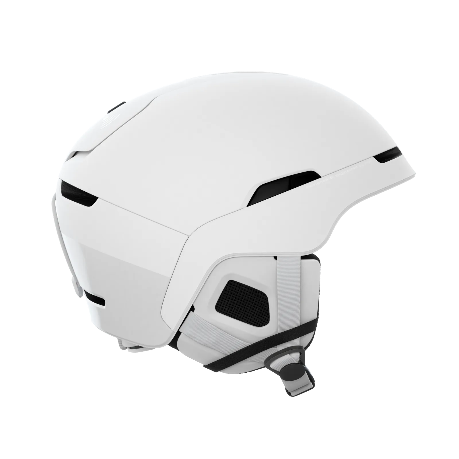 Weißer Skihelm POC Obex BC MIPS mit Kinnriemen und Belüftungsöffnungen in Seitenansicht.