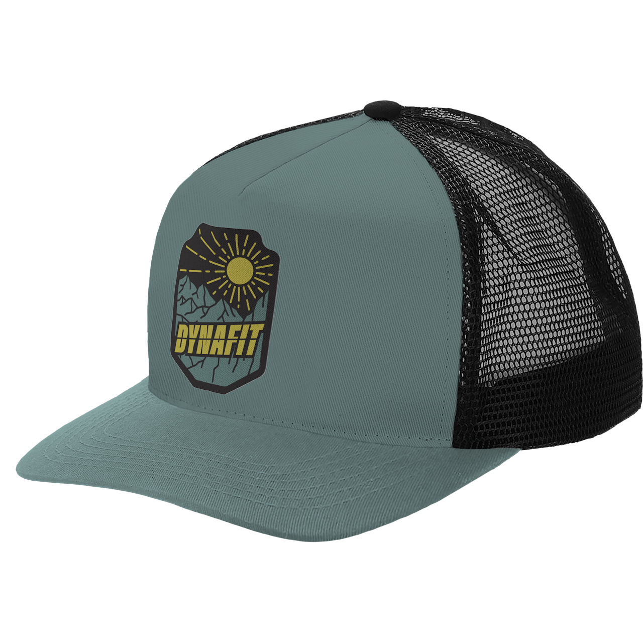 Hellgraue Trucker Cap mit schwarzem Netzteil und Dynafit Patch mit Bergen und Sonne.