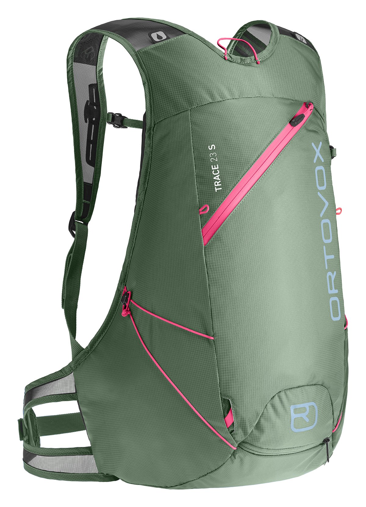 Ortovox Trace 23 S Rucksack Grüner Ortovox Trace 23 S Skitouren Rucksack, pinke Details, seitlich.