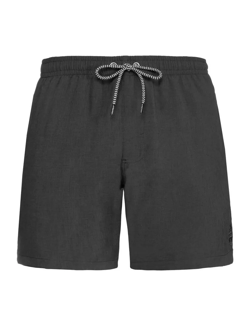 Schwarze, kurze Badeshorts "Davey" mit elastischem Bund und schwarz-weißem Kordelzug.