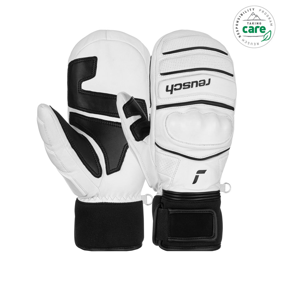 Weisse Reusch World Champ Fäustlinge mit schwarzem Handgelenkband und schwarzen Akzenten.