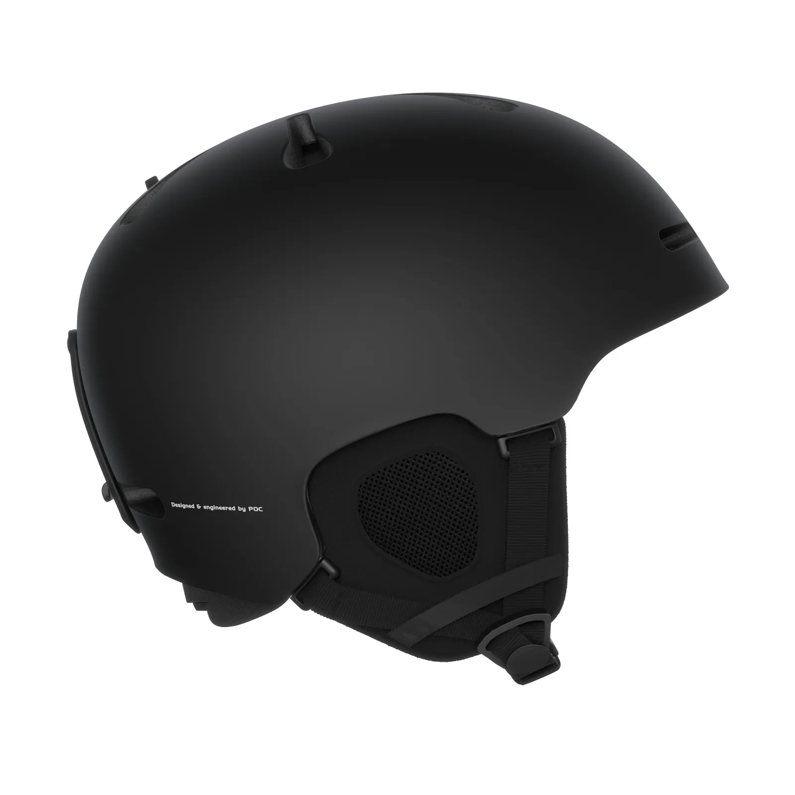 Schwarzer POC Fornix Skihelm in Matt, Seitenansicht. Kinnriemen und Ohrenpolster sind erkennbar.