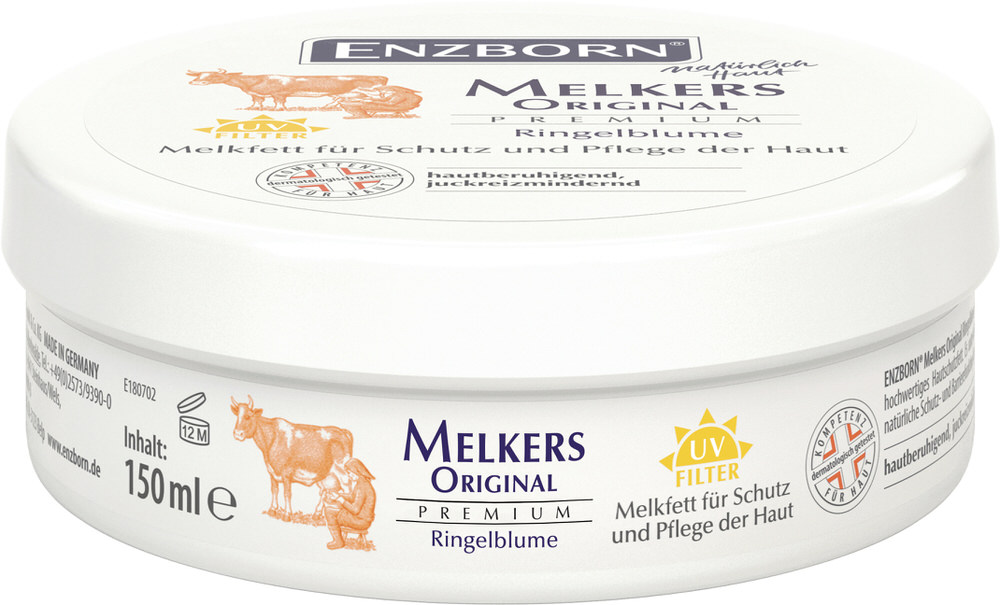 Ringelblume Melkers Tiegel Weißer Tiegel Melkers Original Premium Ringelblume mit Kuh- und Mädchenabbildung, Text und UV-Filter-Logo.