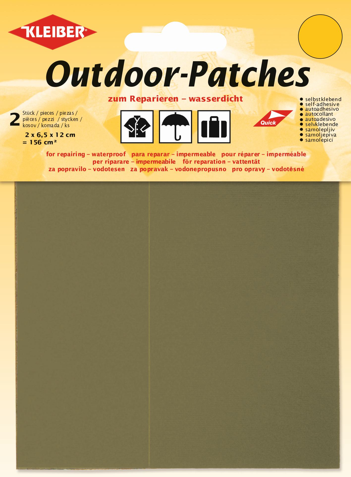 Verpackung der beigen Outdoor-Patches, selbstklebende Flicken zur Reparatur, wasserdicht, 2 Stück mit je 6,5 cm x 12 cm.