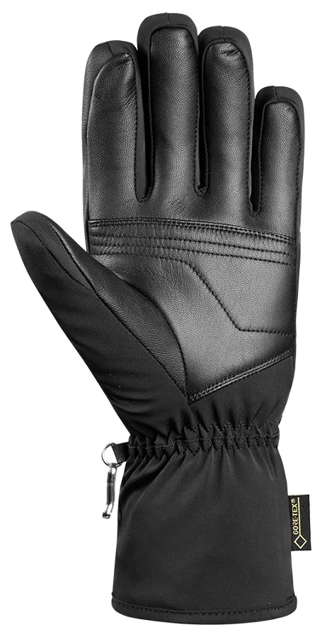 Schwarzer Reusch X-Liner GTX Skihandschuh mit Ziegenleder Innenhand und Softshell Rückhand von der Handinnenfläche aus gesehen.