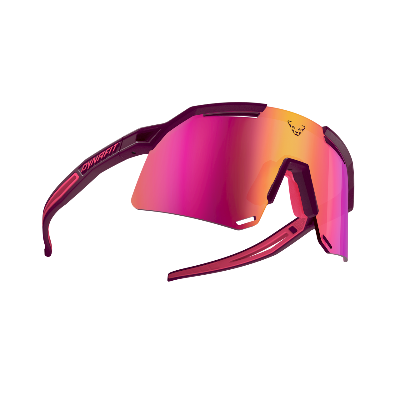 Burgunderfarbene Dynafit Ultra Evo Sportbrille mit rot-orangefarbenen Gläsern und dem Dynafit-Logo auf dem Glas.