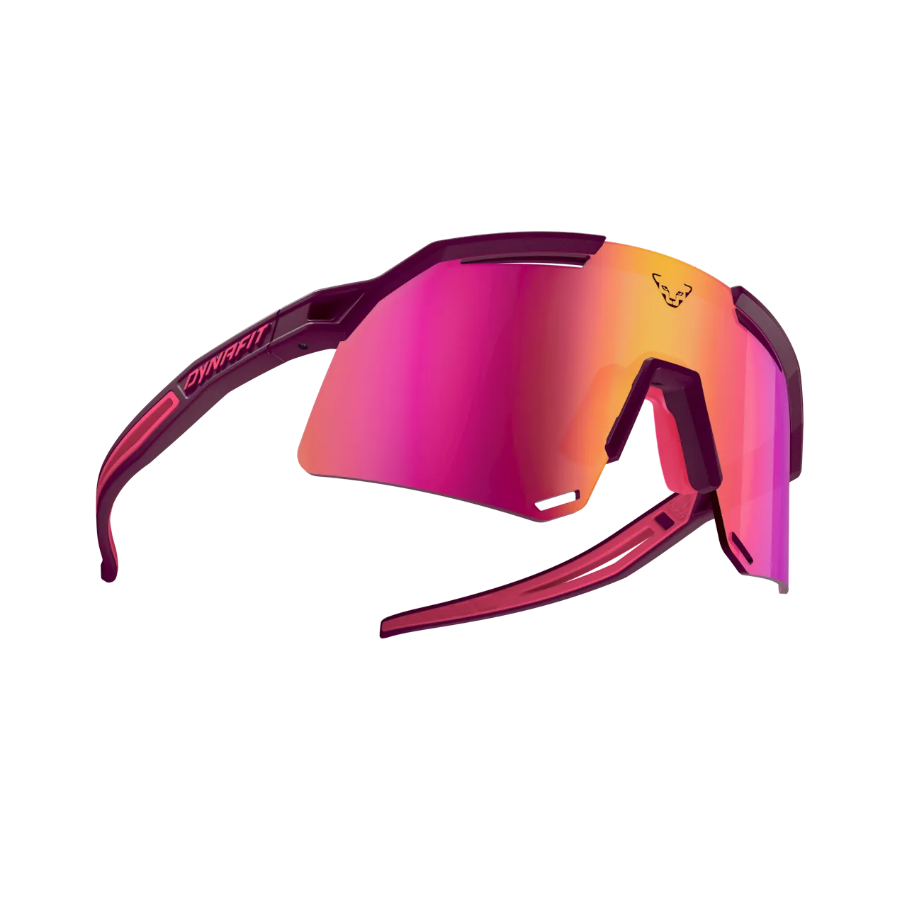 Burgunderfarbene Dynafit Ultra Evo Sportbrille mit rot-orangefarbenen Gläsern und dem Dynafit-Logo auf dem Glas.