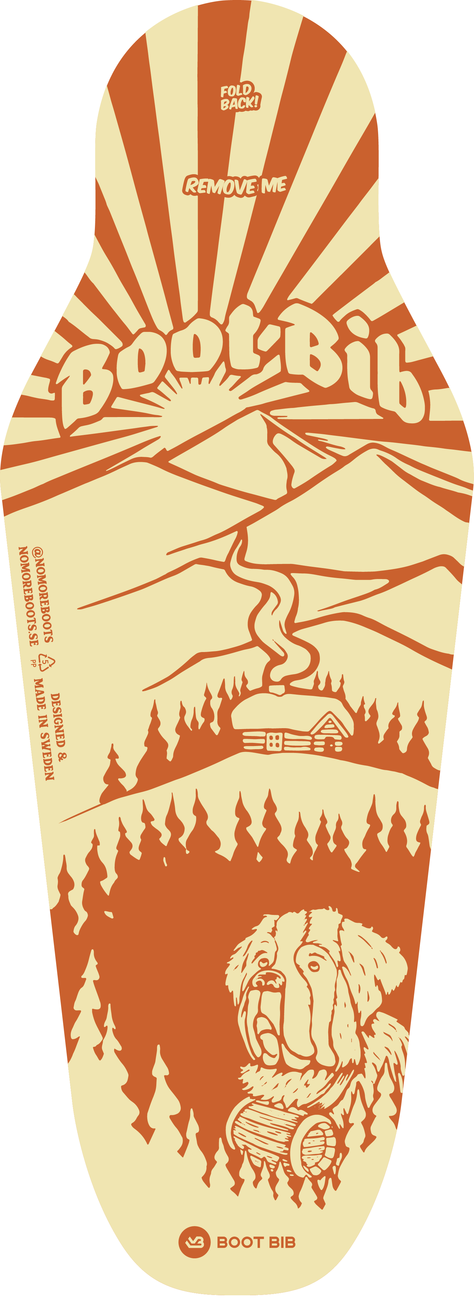 Grafik einer Boot-Bib Verpackung in Orange und Beige mit Illustrationen von Bergen, Hütte, Wald und einem Senior Hund mit Rumfass.
