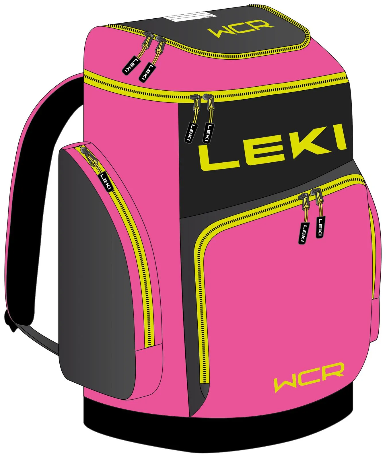 Pinke Leki Skistiefeltasche WCR mit gelben Reißverschlüssen und schwarzem Oberteil.