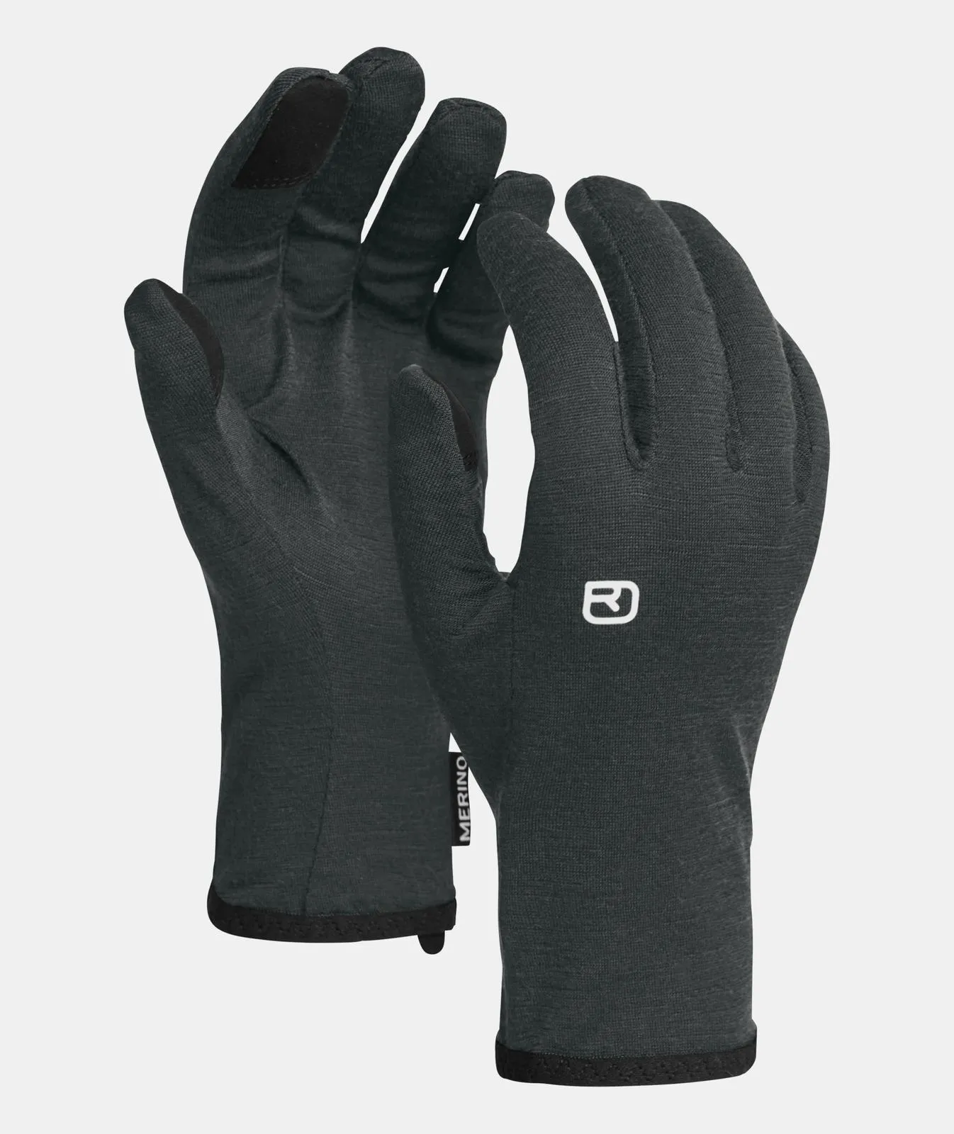 Zwei graue Handschuhe mit schwarzer Verstärkung an den Fingerspitzen und Handgelenken, mit dem Logo auf einem Handschuh.