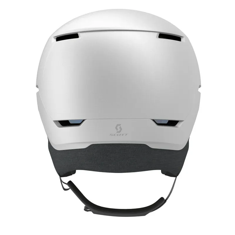 Rückansicht eines weißen Scott Blend Plus LS Skihelms mit Belüftungsschlitzen und Logo.
