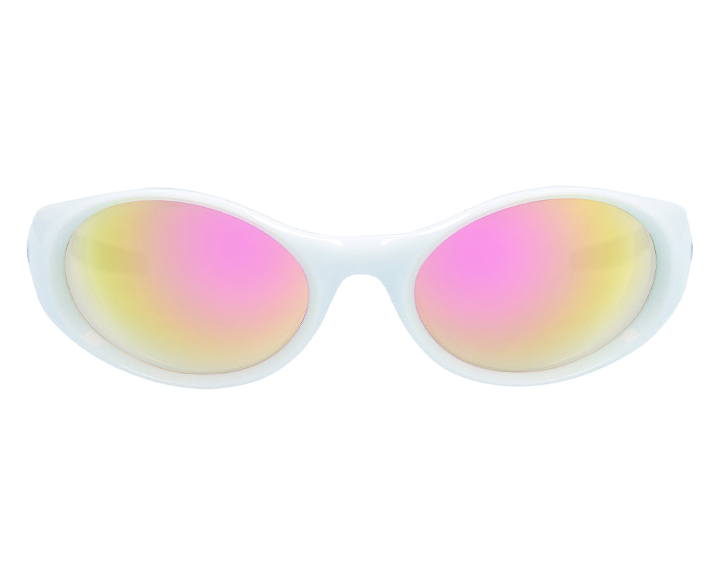 Weiße "The Slammer The Miami Nights" Sonnenbrille mit pink-gelb verspiegelten Gläsern.