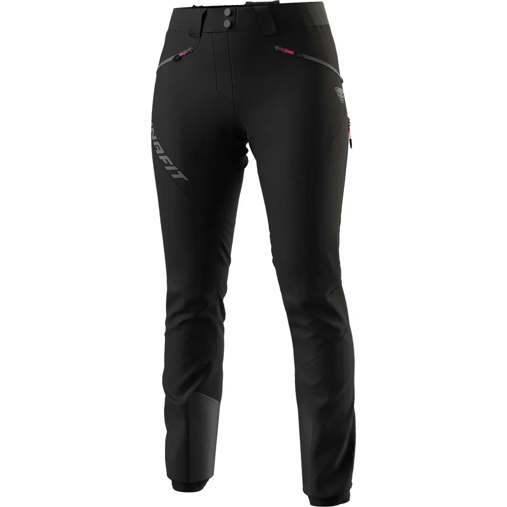 Schwarze Dynafit TLT Touring DST Damen Hose, Frontansicht, mit sichtbarem Logo.