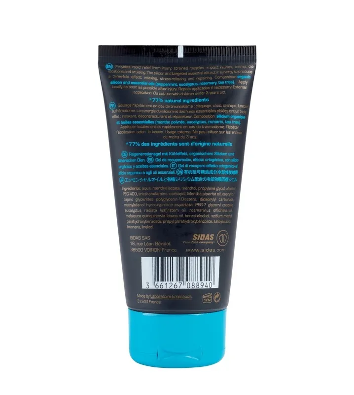 Tube Sidas Recovery Cryo Gel mit Inhaltsstoffen und Anwendungshinweisen. Blauer Deckel.
