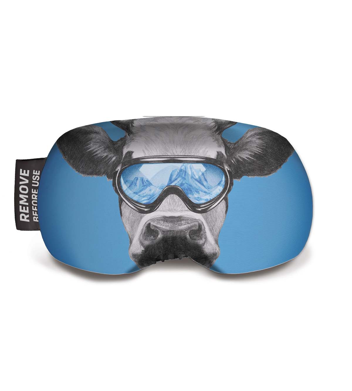 Kuh-Motiv Skibrillen-Hülle Skibrillen-Schutzhülle mit Kuh-Motiv und Skibrille auf dem Kopf, die Berge reflektiert.