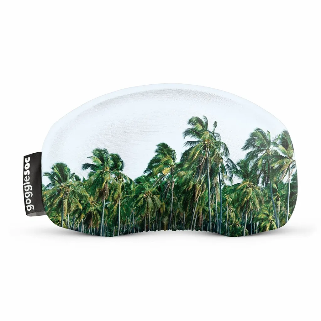 Gogglesoc Palm Soc mit Palmenmuster auf weißem Hintergrund, seitliches Logo-Etikett.