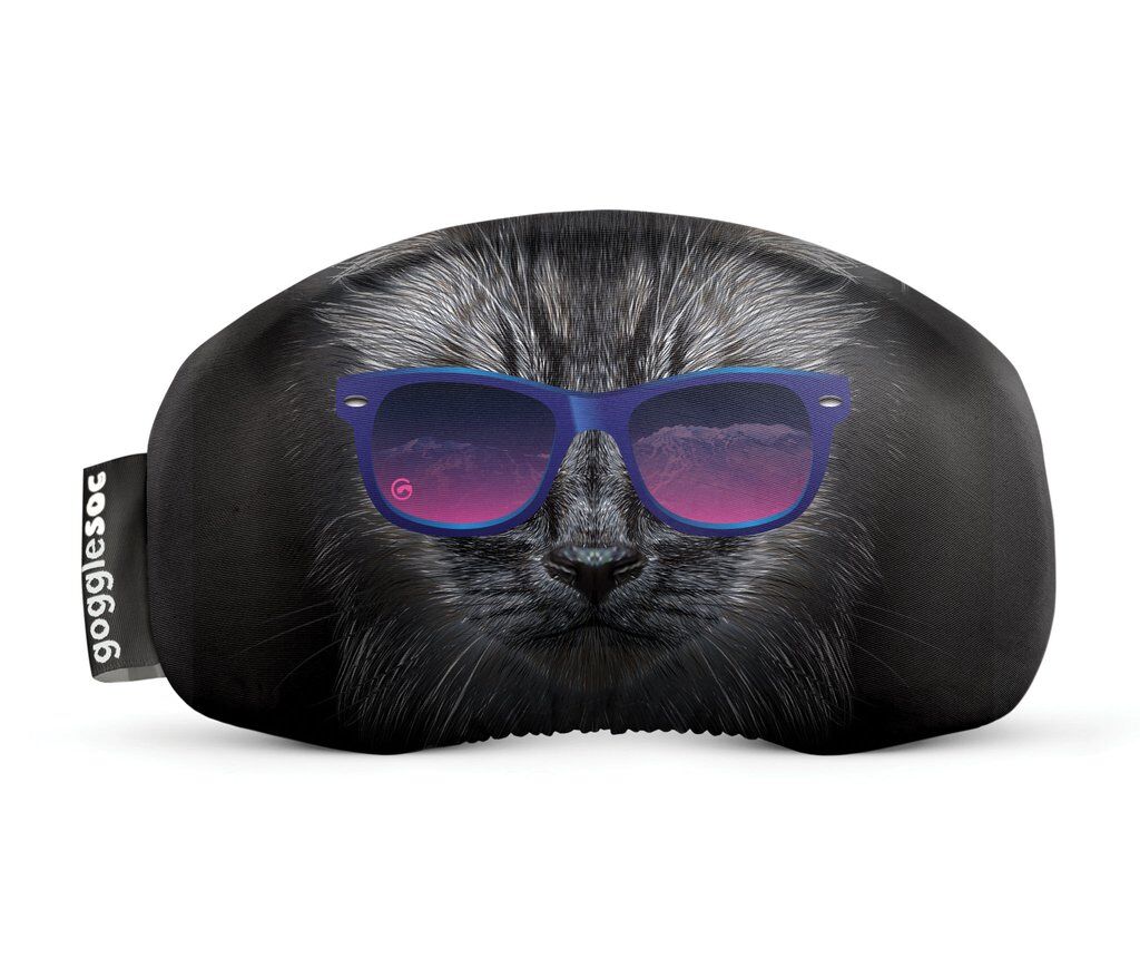 Katze mit Brille Brillen-Socke mit Katzenmotiv und blauer Brille mit Landschafts-Reflexion.