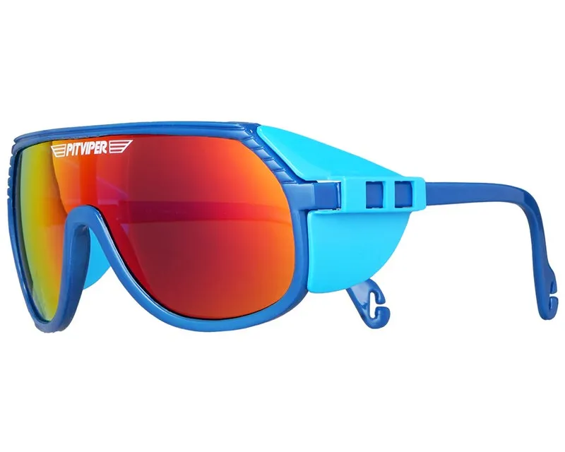 Blaue Grand Prix Sonnenbrille der Marke Pit Viper mit polarisierten, rot verspiegelten Gläsern.