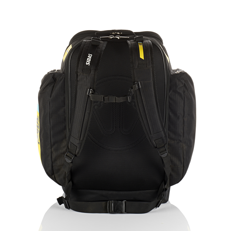 Schwarze Sidas Race Boot Bag 60L von hinten, mit Trägern, Netzstruktur und gelben Akzenten.