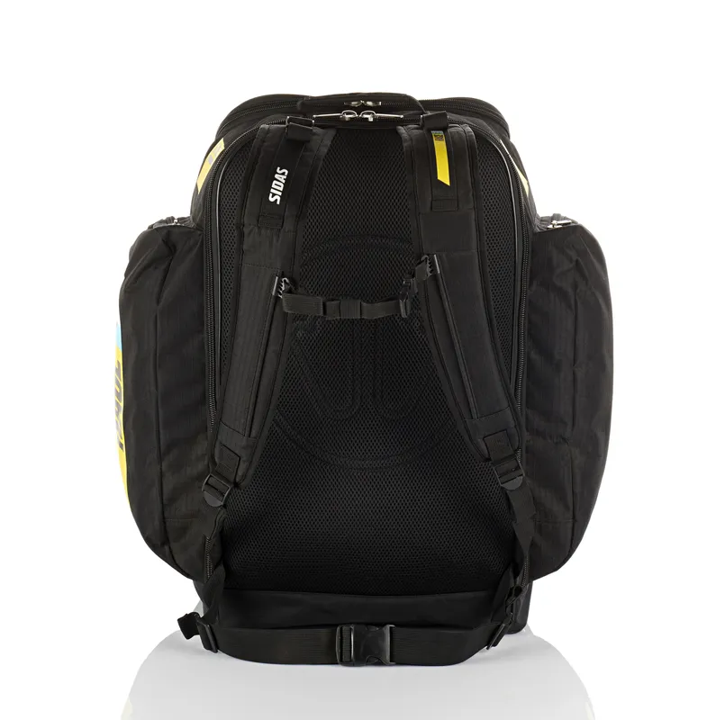 Schwarze Sidas Race Boot Bag 60L von hinten, mit Trägern, Netzstruktur und gelben Akzenten.