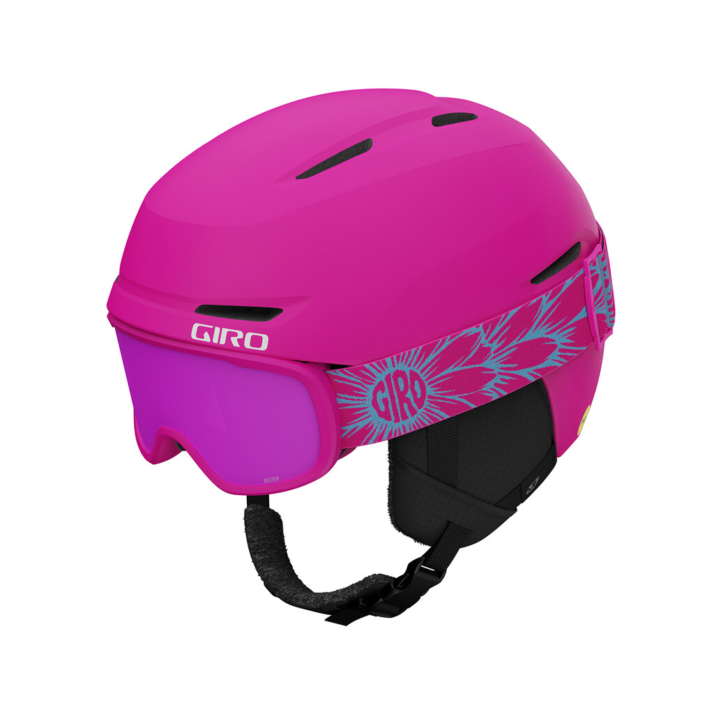 Pinker Giro Spur Flash Combo Skihelm mit Visier, seitlich mit floralem Muster und Goggles-Band.